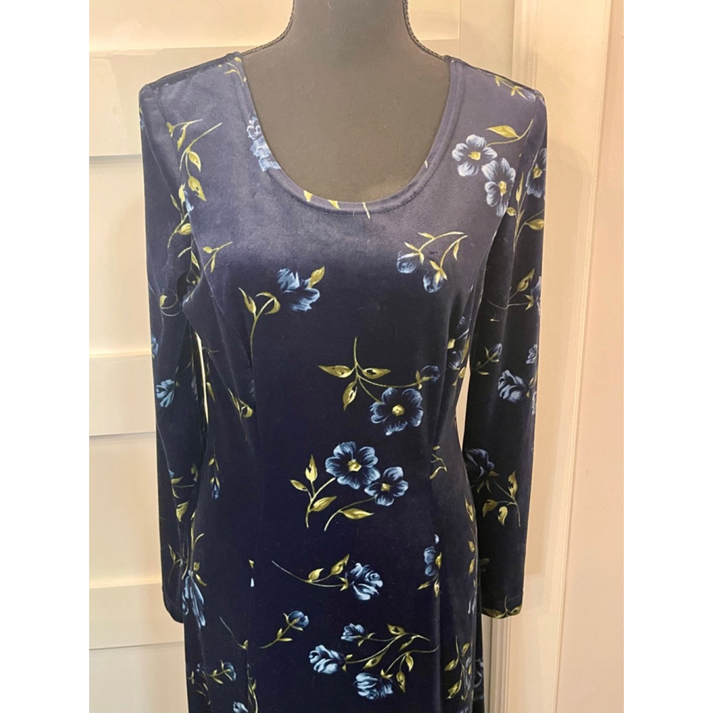 Vintage 90s Coldwater Creek Floral Velvet Maxi Dress Long Sleeve Navy Blue Small - Picture 2 of 5